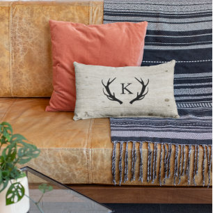Coussin Rectangle Logo Rustic Deer Antler Bois Monogrammé