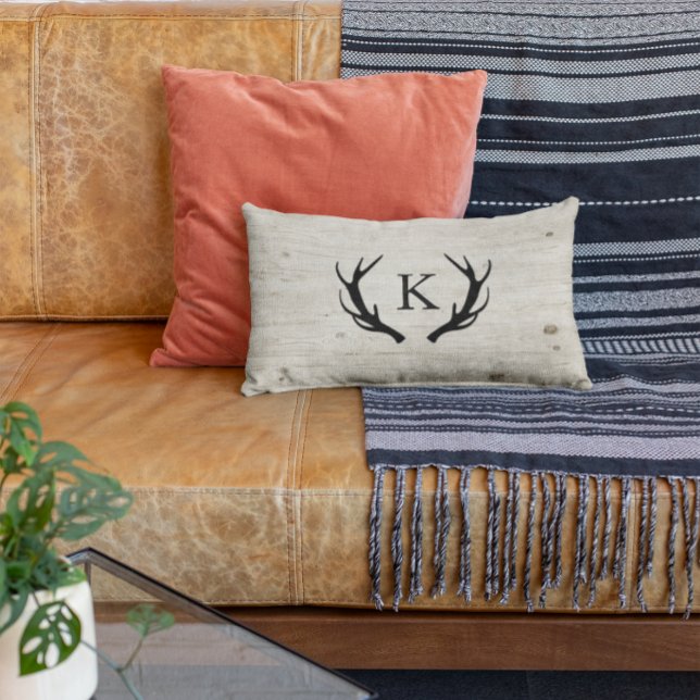 Coussin Rectangle Logo Rustic Deer Antler Bois Monogrammé (Créateur téléchargé)
