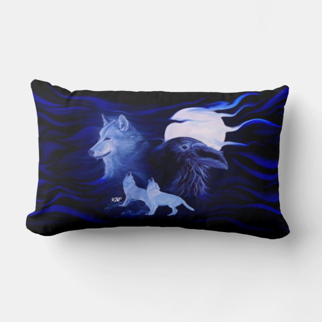 Coussin Rectangle Loup et corbeau avec pleine lune (Recto)