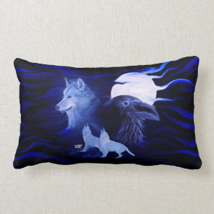 Coussin Rectangle Loup et corbeau avec pleine lune