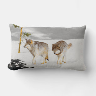 Coussin Rectangle Loups en peinture sur neige - Art original de la f