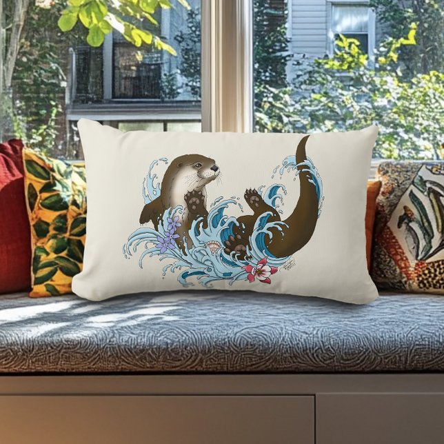 Coussin Rectangle Loutre de rivière fantaisiste bleue ludique éclabo (Créateur téléchargé)
