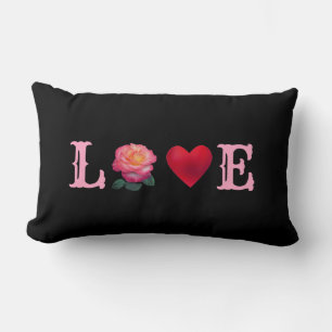 Coussin Rectangle Love Coeur et Fleur Rose sur Noir