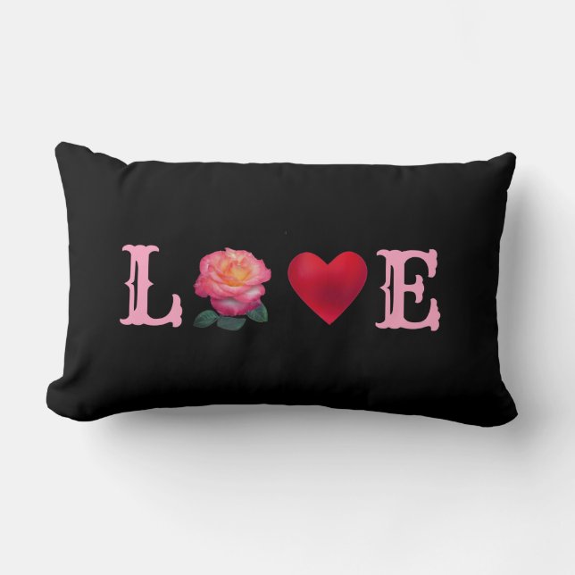 Coussin Rectangle Love Coeur et Fleur Rose sur Noir (Recto)