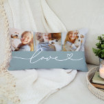 Coussin Rectangle Love in Heart Script Mist Custom 3 Photo Collage<br><div class="desc">Moderne et élégant design lombaire conçu sur mesure comprend un collage photo de trois (3) photos préférées avec un design simple et minimaliste de typographie blanche "Amour" qui comprend des détails florissants et cardiaques. Les tons vert et blanc brumes gris neutre peuvent être modifiés.</div>