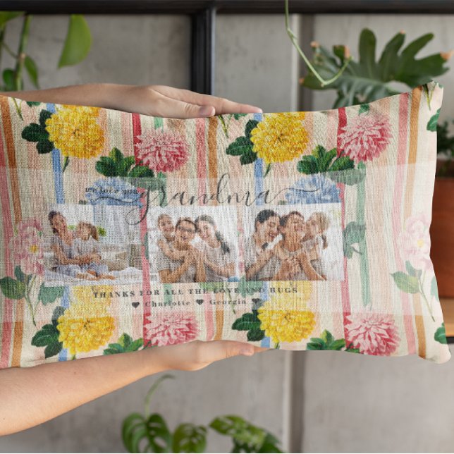 Coussin Rectangle Love You Grandma | Floral Three Photo Collage (Créateur téléchargé)