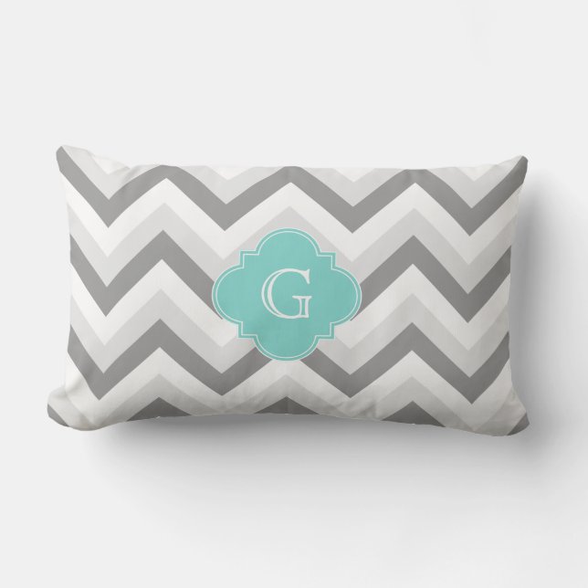 Coussin Rectangle Lt Deux Gris Blanc Chevron Aqua Monogramme (Recto)