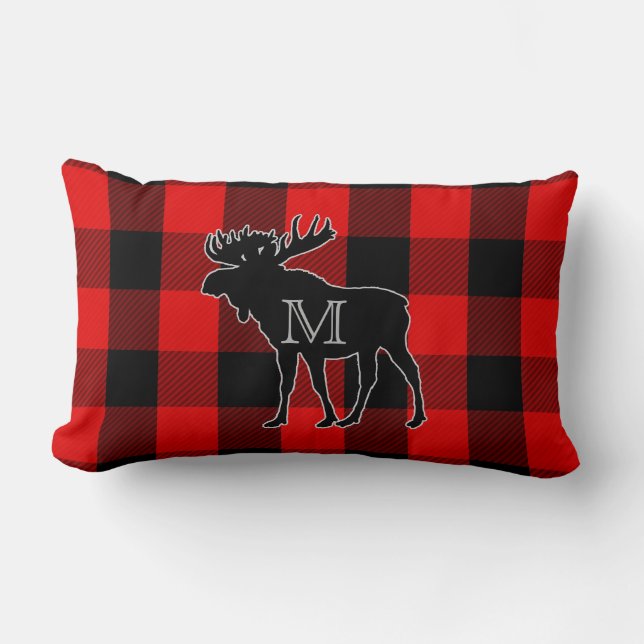 Coussin Rectangle Lumbar rustique d'orignaux de monogramme du plaid (Recto)