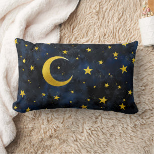 Coussin Rectangle Lune d'or et étoiles sur marbre bleu foncé