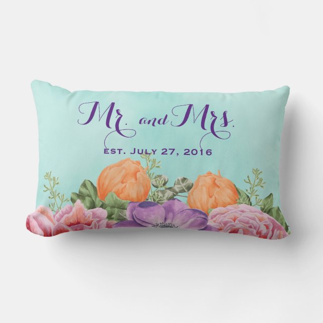 Coussin Rectangle M. et Mme Mariage Date Watercolor Flowers (Recto)