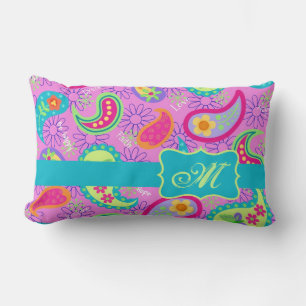 Coussin Rectangle Magenta rose Turquoise moderne Paisley Monogramme