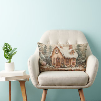 Coussin Rectangle Maison de forêt d'hiver en pain d'épice Cottage