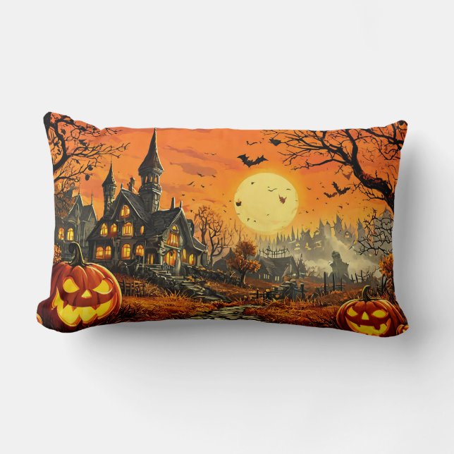 Coussin Rectangle Maison hantée avec citrouilles Jack-O'-Lantern (Recto)