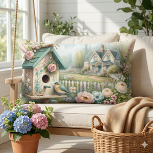 Coussin Rectangle Maisonnette oiseau Cottagecore avec jardin floral