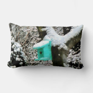 Coussin Rectangle Maisonnette Turquoise pour Oiseaux en Hiver
