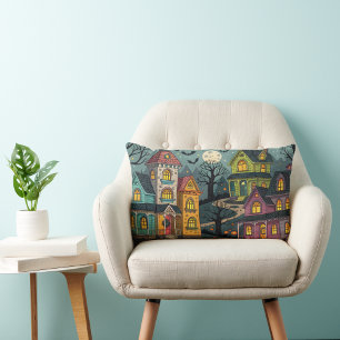 Coussin Rectangle Maisons colorées hantées pour l'halloween