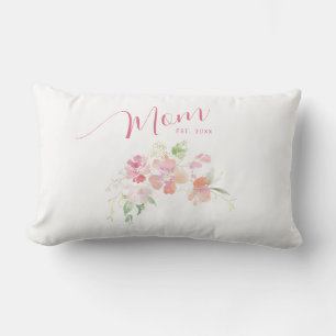 Coussin Rectangle Maman Etabli Rose Rose Aquarelle Florale Blanc