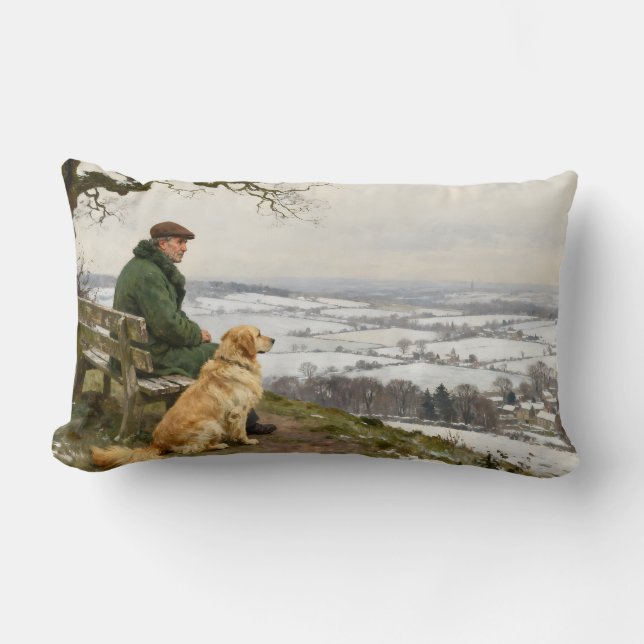 Coussin Rectangle Man and Dog Enjoying Winter Countryside Vista (Recto)