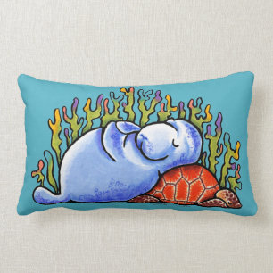 Coussin Rectangle Manatee Sea Turtle Fête de bois d'oeuvre Océan Ble