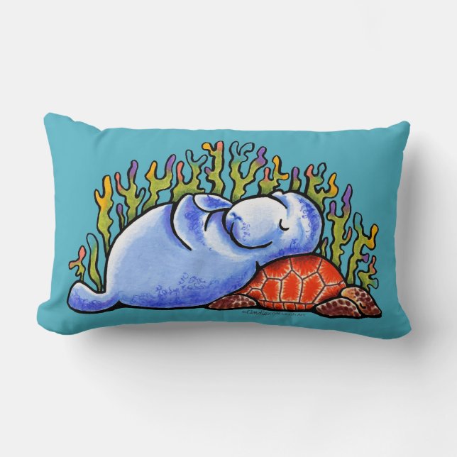 Coussin Rectangle Manatee Sea Turtle Fête de bois d'oeuvre Océan Ble (Recto)
