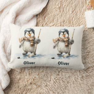 Coussin Rectangle Manchot de hockey d'hiver personnalisé pour enfant