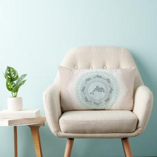 Coussin Rectangle Mandala dauphins bleu pâle taupe côtier