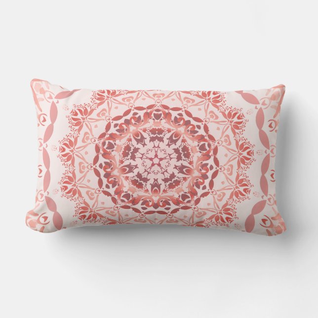 Coussin Rectangle Mandala en damas rouge corail abricot (Recto)