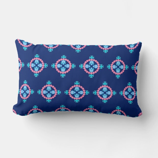 Coussin Rectangle Mandala, Indigo Blue, Turquoise & Rose en quatre p (Recto)