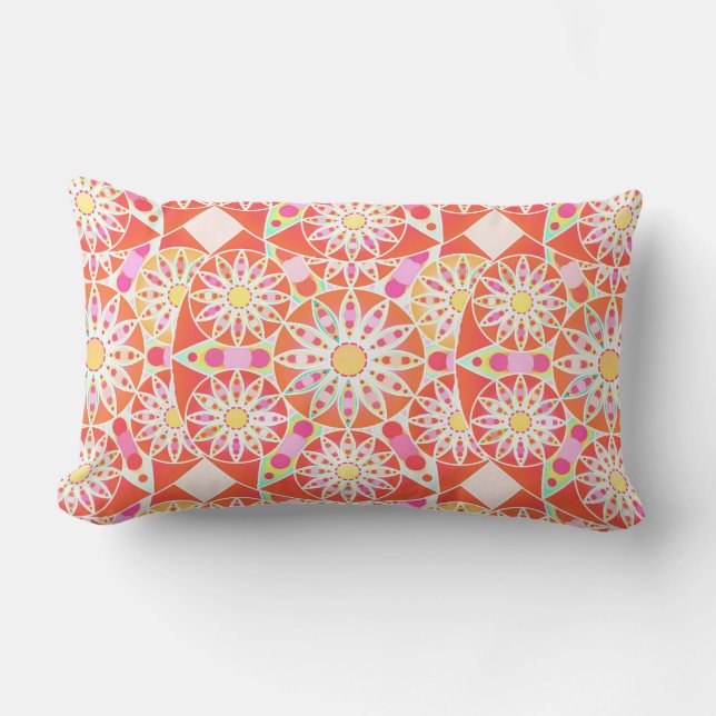 Coussin Rectangle Mandala motif, corail rouge, rose, or (Recto)
