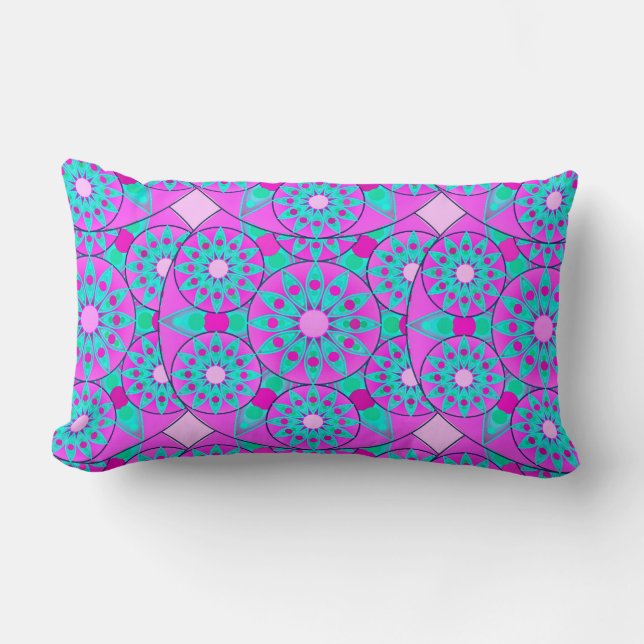 Coussin Rectangle Mandala motif, fuchsia, rose & turquoise (Recto)