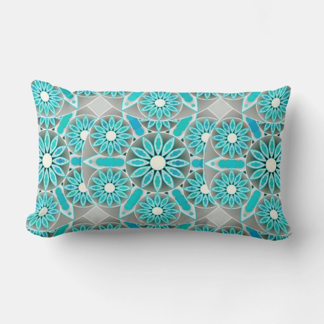 Coussin Rectangle Mandala motif, turquoise, gris argenté et blanc (Recto)