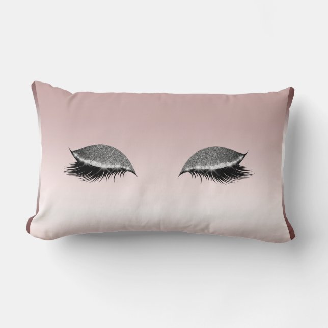 Coussin Rectangle Maquillage Paillettes Rose & Argent Faux Cils Or R (Recto)