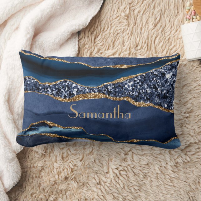 Coussin Rectangle Marbre Agate Paillet Or Bleu Monogramme Glam Bling (Couverture)