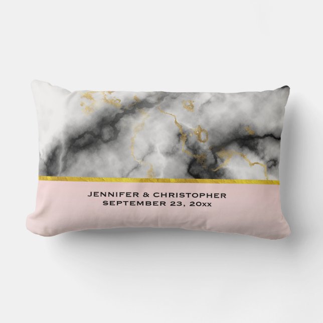 Coussin Rectangle Marbre gris blanc moderne avec Mariage de ruban or (Recto)