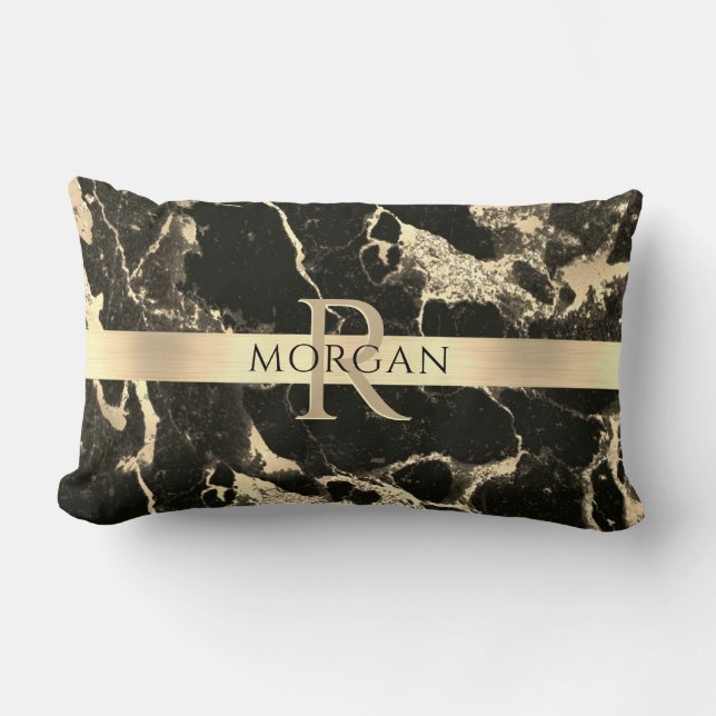 Coussin Rectangle Marbre Noir+Or, Rayure Or, Nom+Monogramme, Vs2 (Recto)