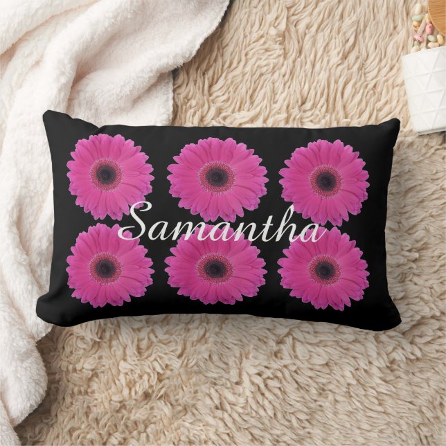 Coussin Rectangle Marguerites Rose Clair sur Fond Personnalisé Noir (Couverture)