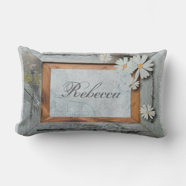 Coussin Rectangle mariage campagnard en bois de marguerite de grange (Recto)