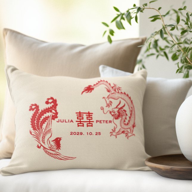 Coussin Rectangle Mariage Chinois Personnalisé Moderne Dragon-Phénix (Créateur téléchargé)