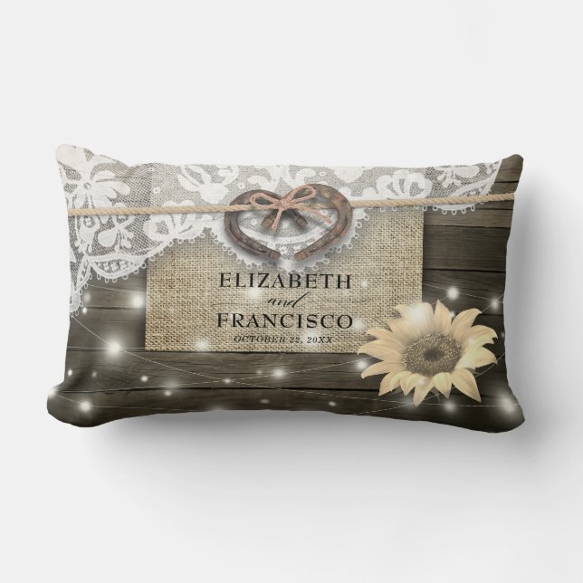 Coussin Rectangle Mariage Fer à Cheval Cœur Dentelle Tournesol Bois (Recto)