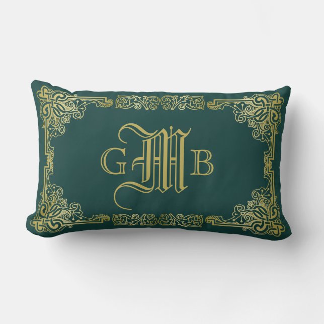 Coussin Rectangle Mariage Monogramme Classic Gold Frame Dark Green (Recto)
