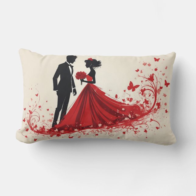 Coussin Rectangle Mariage Rouge Romantique Silhouette de la Mariée e (Recto)