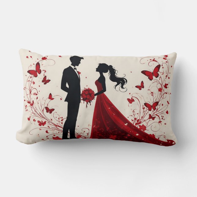 Coussin Rectangle Mariage Rouge Romantique Silhouette de la Mariée e (Recto)