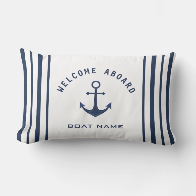 Coussin Rectangle Marine Bleu Blanc Bienvenue à bord Nom du bateau A (Recto)