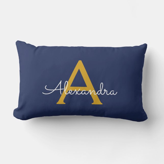 Coussin Rectangle Marine Blue Gold Girl Script Monogramme Nom Modern (Recto)