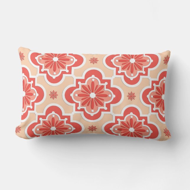 Coussin Rectangle Marocain en tuiles motif - Tons de Coral Orange (Recto)
