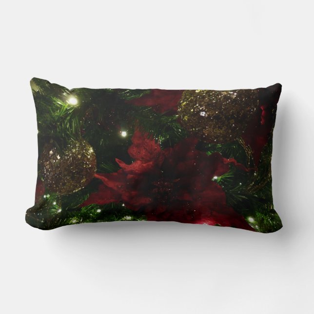 Coussin Rectangle Maroon et Arbre de Noël d'or I Photo de vacances (Recto)