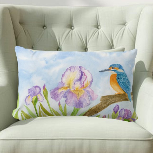 Coussin Rectangle Martin-pêcheur à l'aquarelle avec iris violets  (Créateur téléchargé)