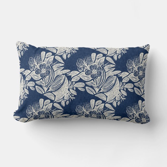 Coussin Rectangle Masculine Navy effet bleu Indigo Floral partout (Recto)