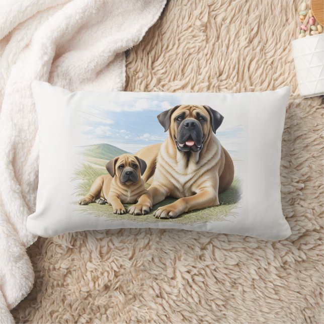 Coussin Rectangle Mastiff Dogue anglaise avec enfant en vacances (Couverture)