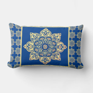 Coussin Rectangle Médaille Boho d'oreiller, or sur bleu